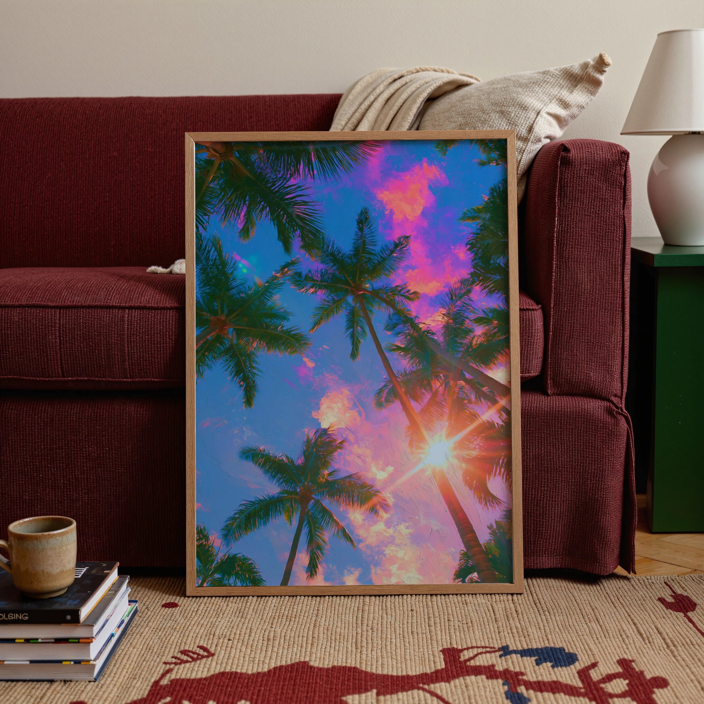 Palm Trees Sun Pink Clouds Poster, Tropical Sky Wall Art, Vibrant Sunset Print