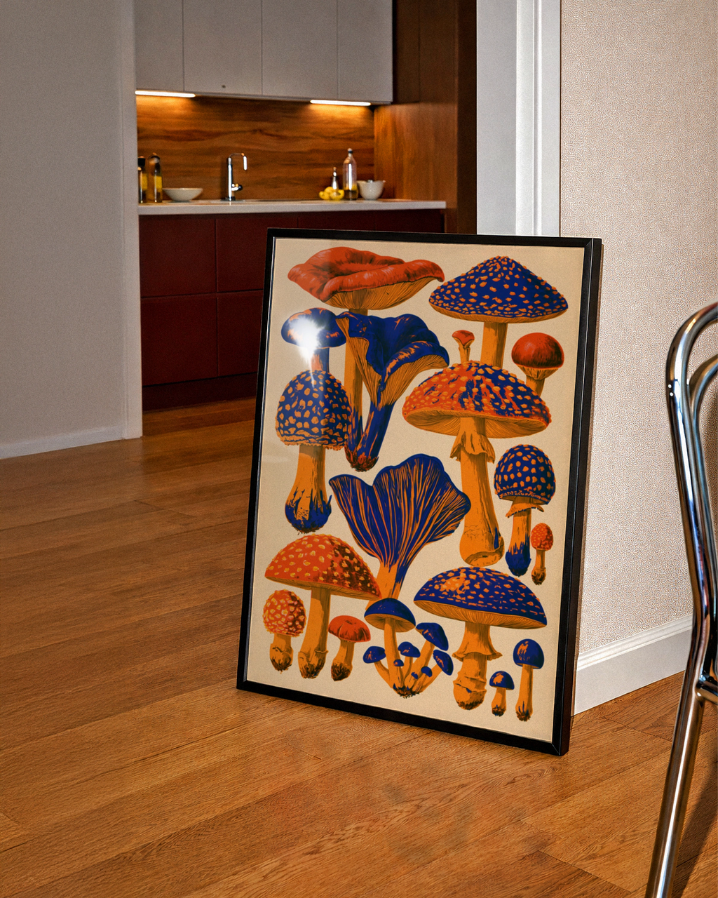 Mushroom Poster, Orange Blue Botanical Wall Art, Retro Fungi Print