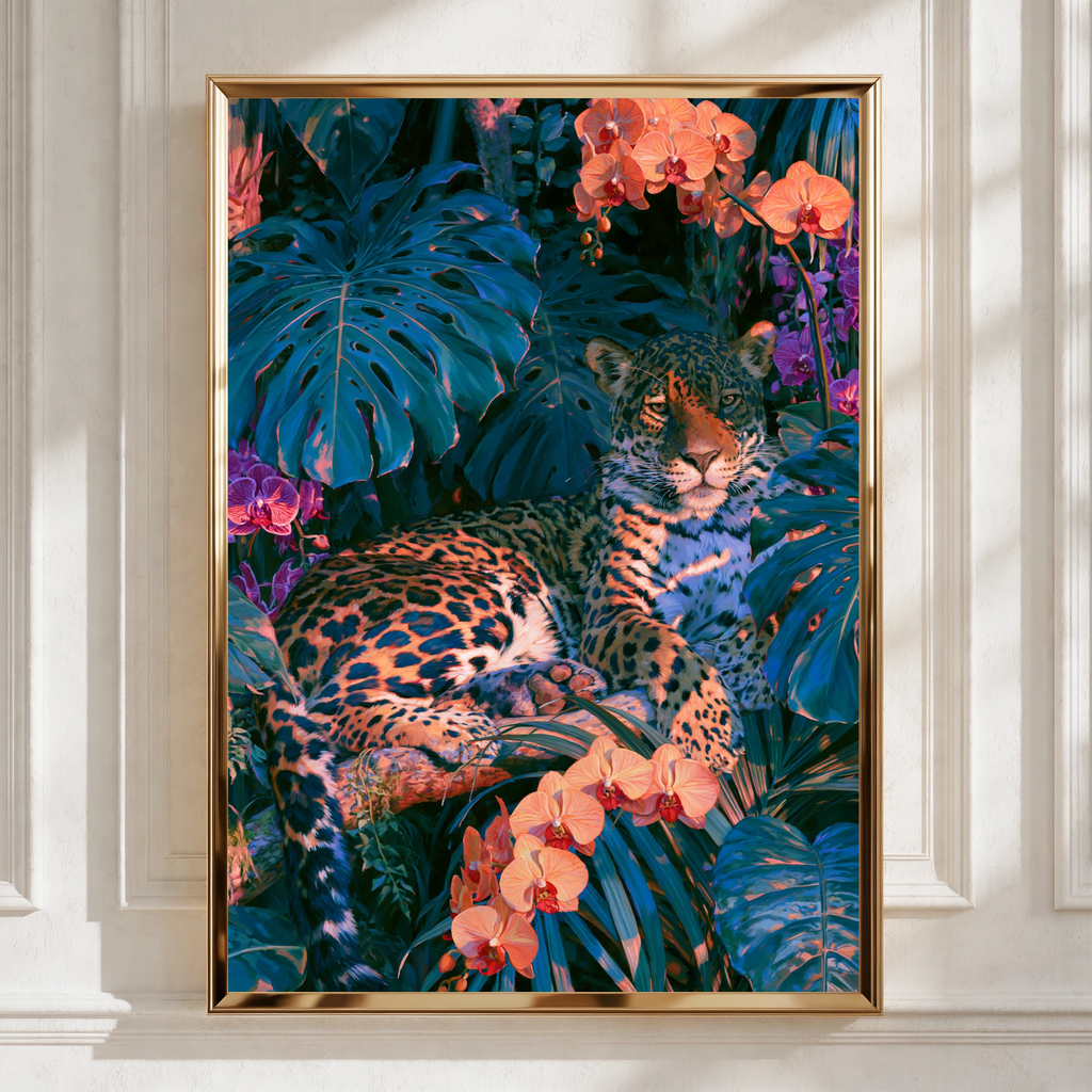 Jaguar Orange Orchids Tropical Jungle Poster, Wild Cat Art Print