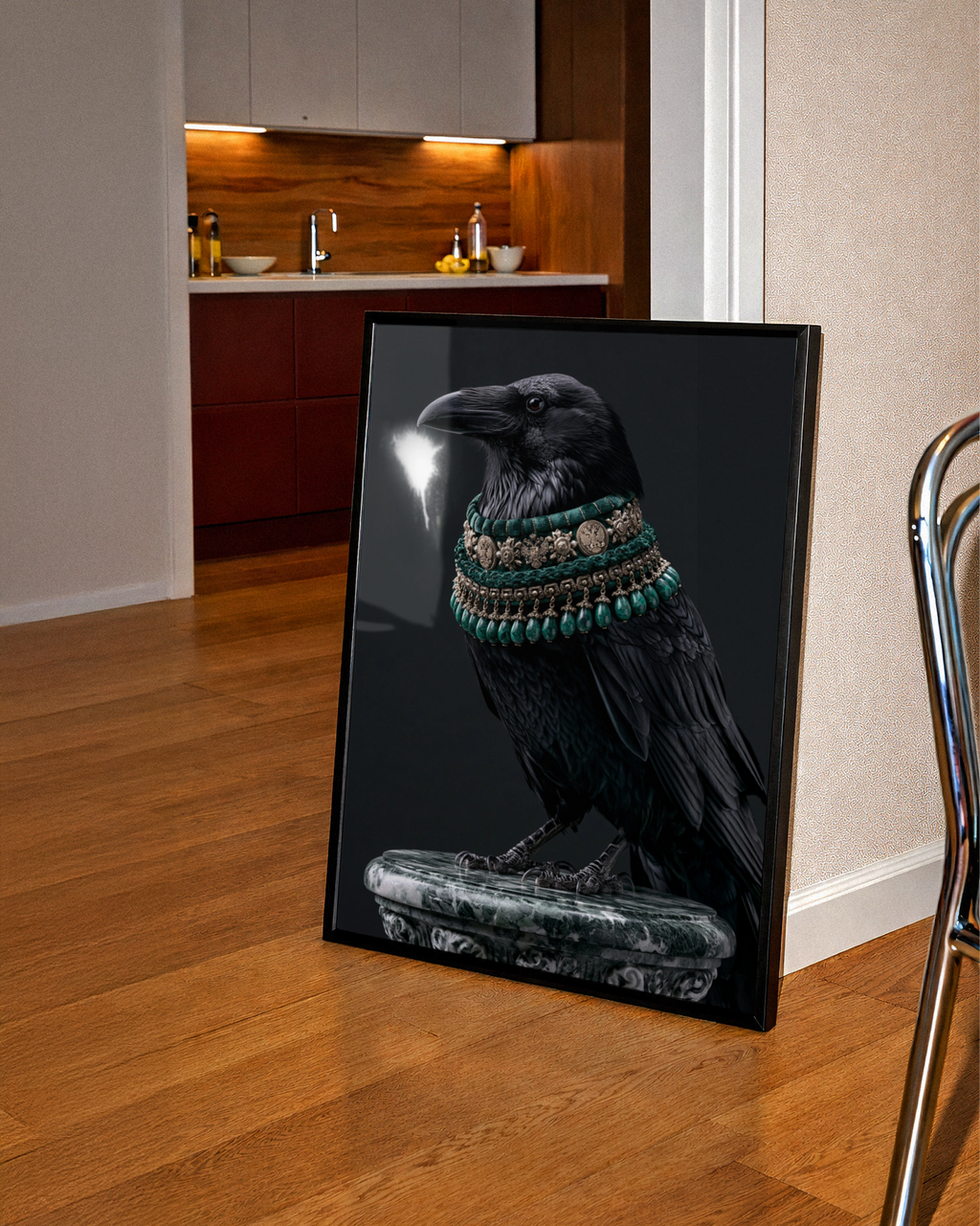 Raven With Green Jewelled Necklace Wall Art Poster, Dark Gothic Bird Print