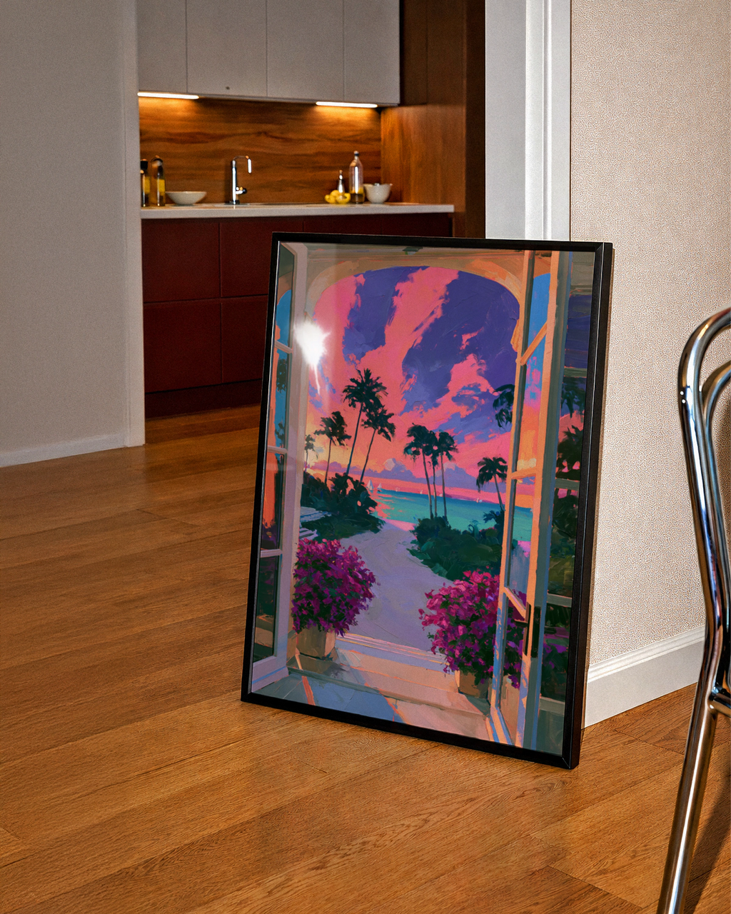 Sunset Beach View Through Arch Window, Tropical Palm Tree Poster, Vibrant Pink Sky Art