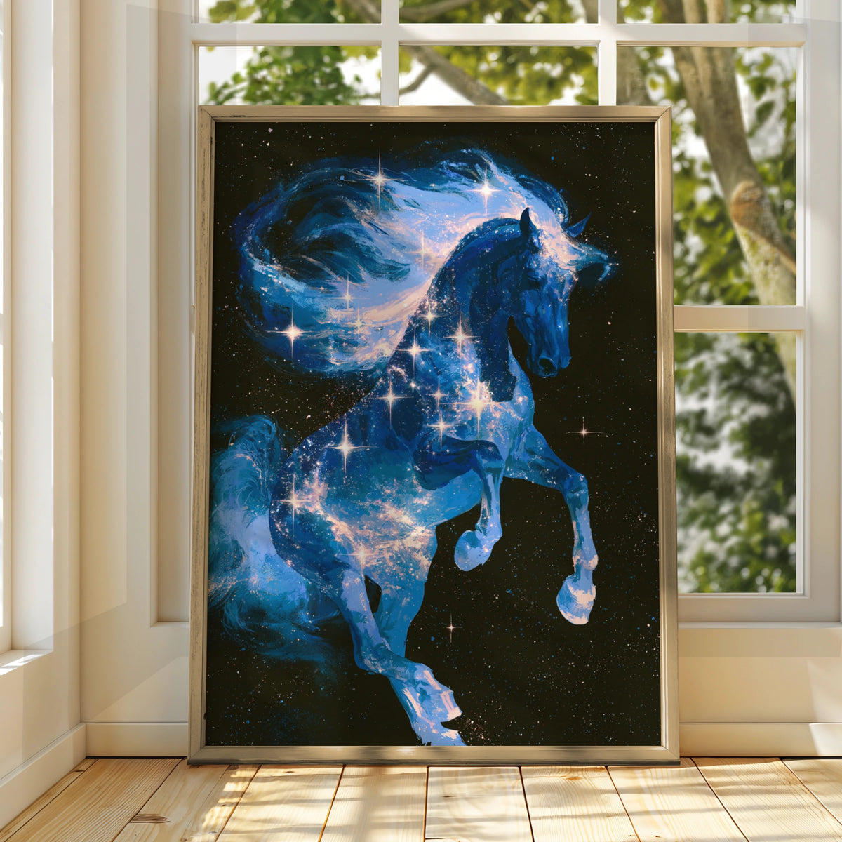 Celestial Horse Stars Poster, Galaxy Stallion Wall Art, Cosmic Blue Print