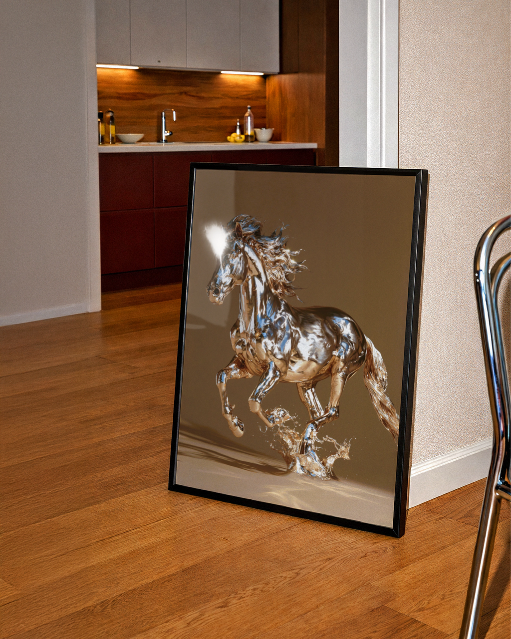 Chrome Horse Poster, Metallic Running Horse Wall Art, Modern Digital Print