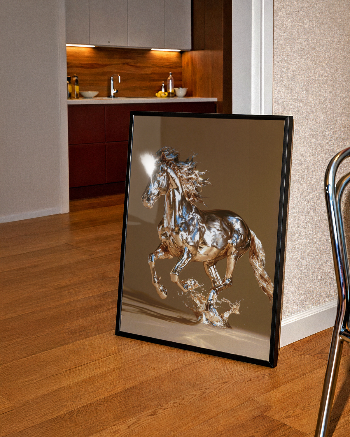 Chrome Horse Poster, Metallic Running Horse Wall Art, Modern Digital Print