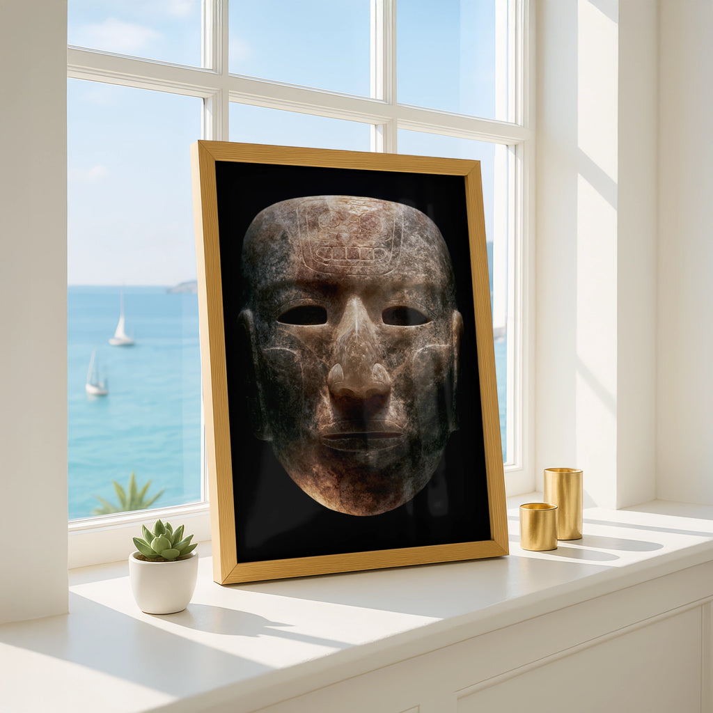 Aztec Mask Wall Art Poster, Ancient Stone Face, Mesoamerican Print