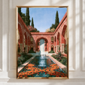 Indian Palace Courtyard Poster, Mughal Garden Art, Red Sandstone Architecture Print