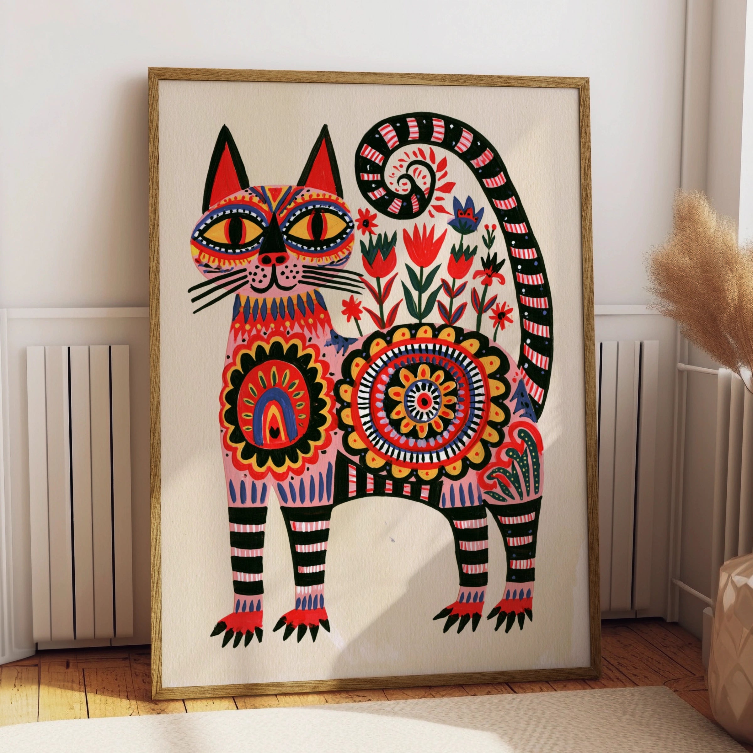 Folk Art Cat Poster, Abstract Floral Feline Print, Pink Boho Wall Art