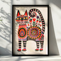 Folk Art Cat Poster, Abstract Floral Feline Print, Pink Boho Wall Art