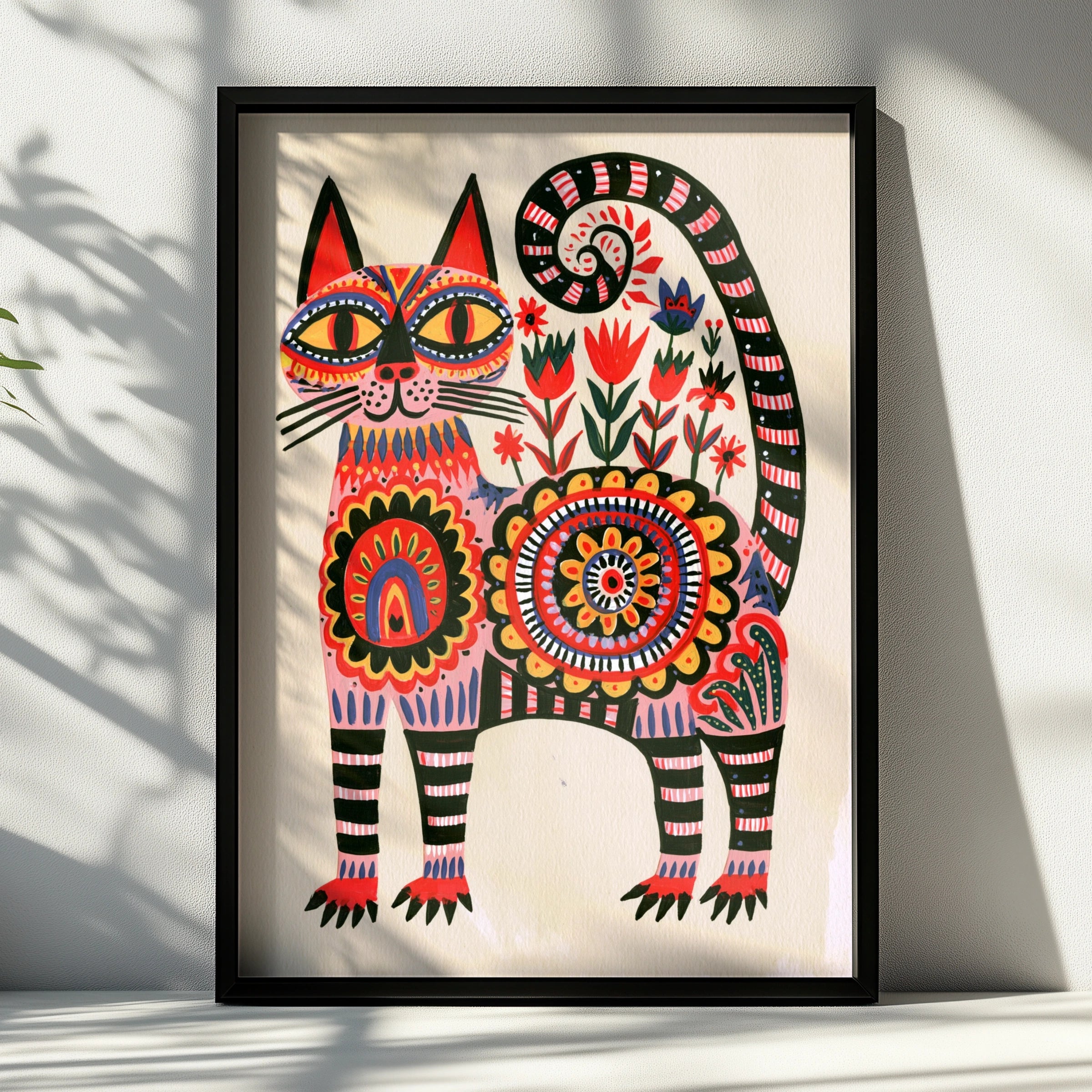 Folk Art Cat Poster, Abstract Floral Feline Print, Pink Boho Wall Art