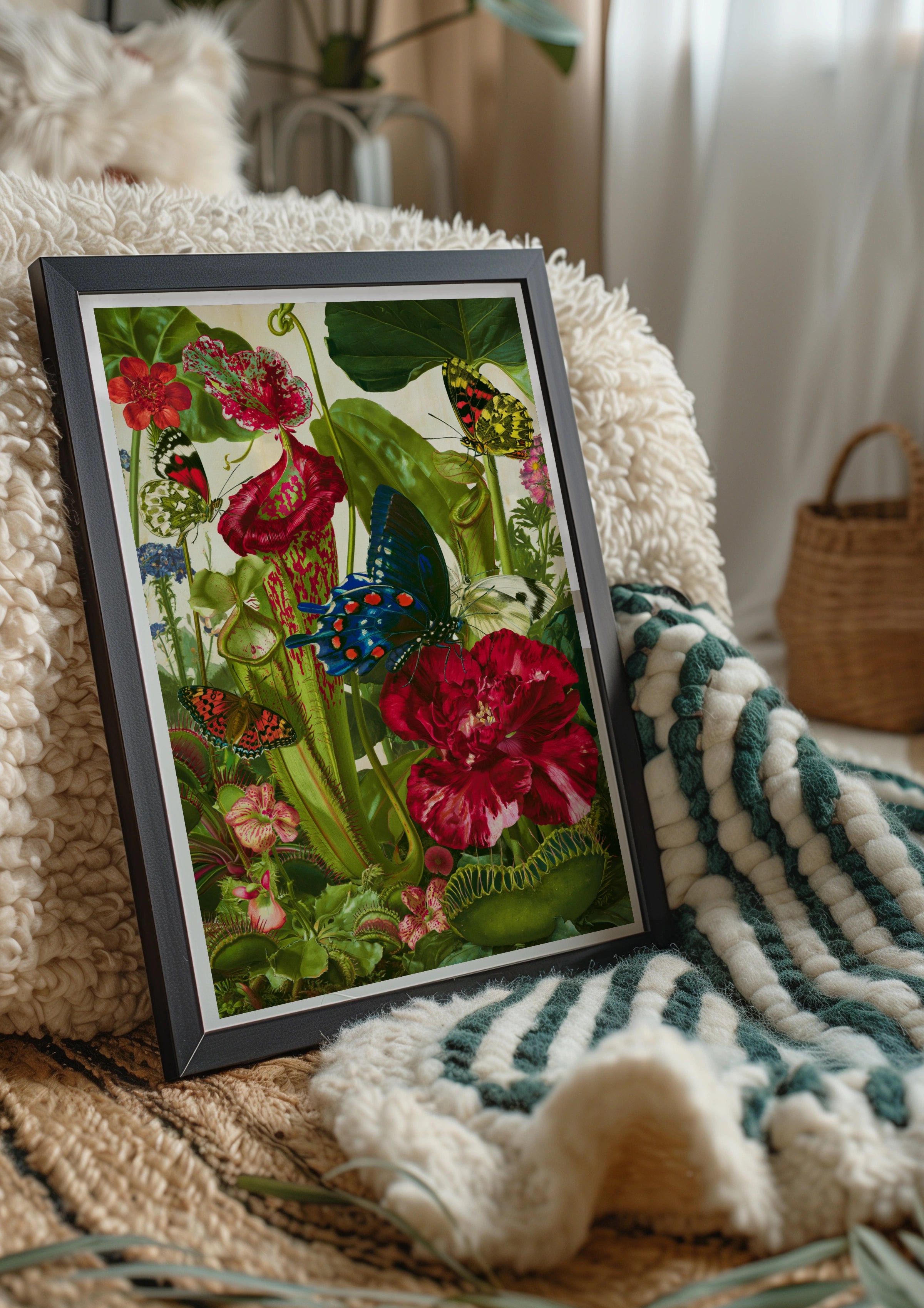 Carnivorous Plants Butterflies Botanical Poster, Vintage Nature Wall Art Print