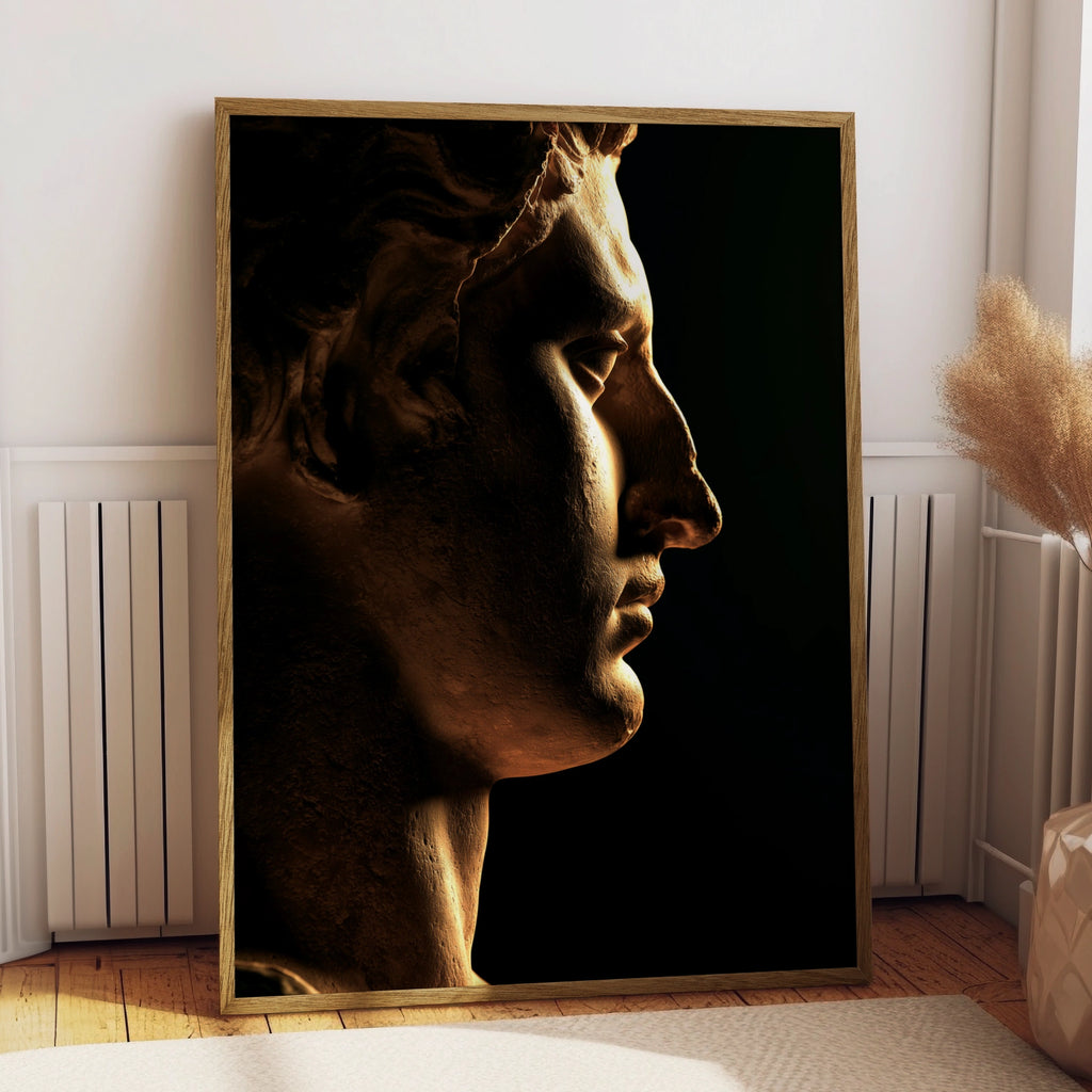 Roman Statue Side Profile Poster, Ancient Sculpture Art Print, Dark Moody