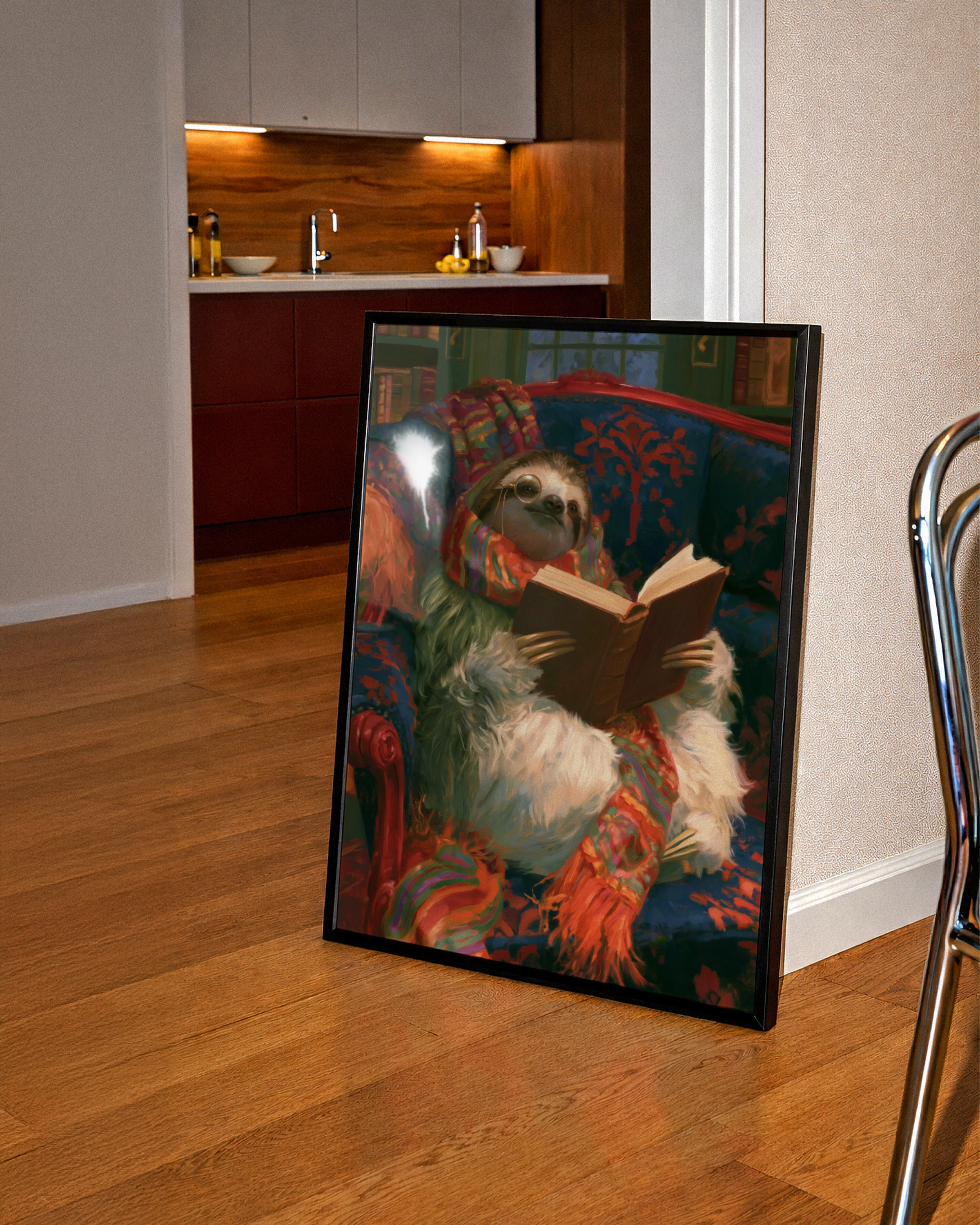 Reading Sloth Wall Art Poster, Cosy Library Print, Whimsical Animal Art
