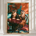 Otters Drinking Coffee Poster, Cafe Scene Wall Art, Oil Painting Style Print