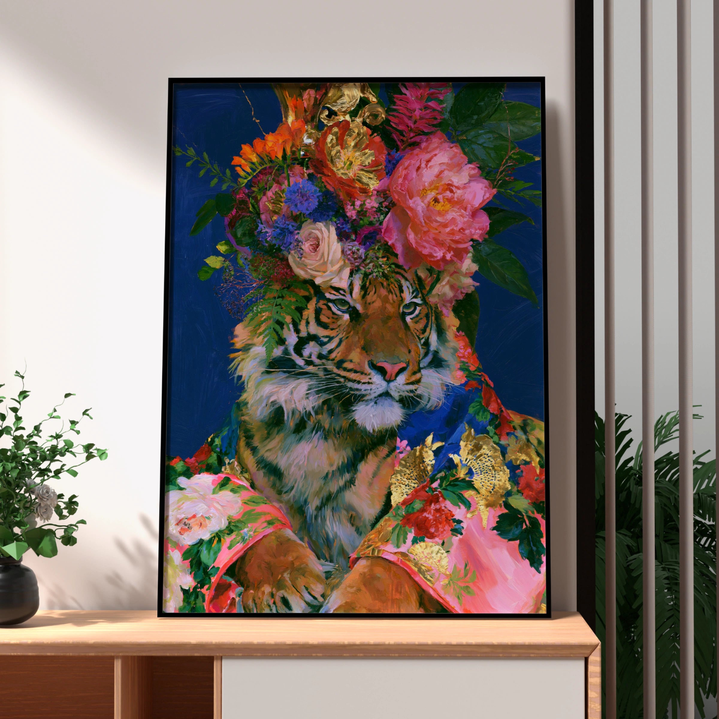 Tiger Floral Crown Poster, Bold Botanical Animal Art Print, Maximalist Wall Art