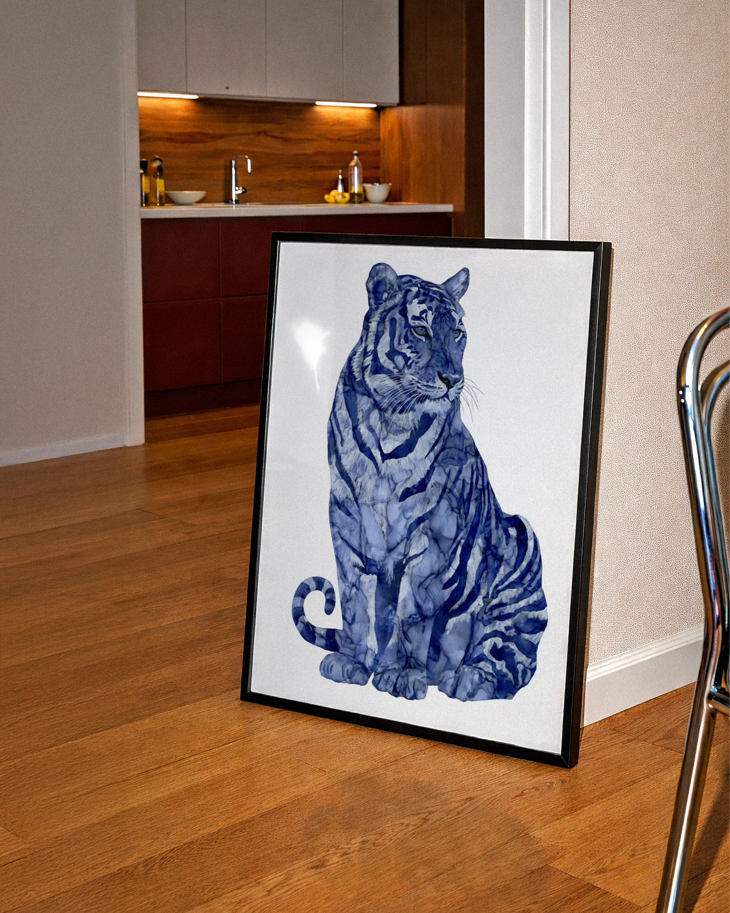 Blue Tiger Abstract Poster, Indigo Watercolour Big Cat Wall Art Print