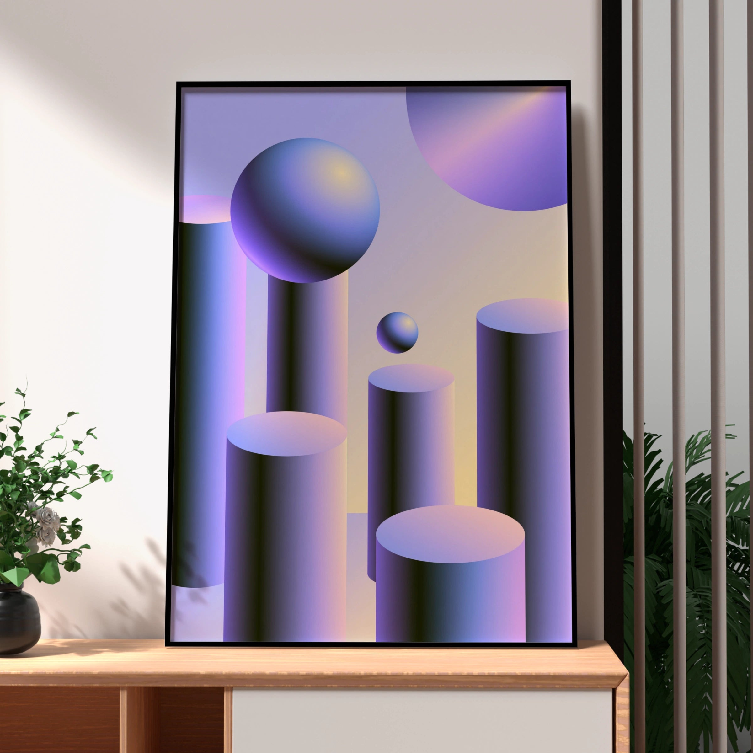 Purple Abstract Geometric Shapes Poster, 3D Spheres Cylinders Wall Art Print