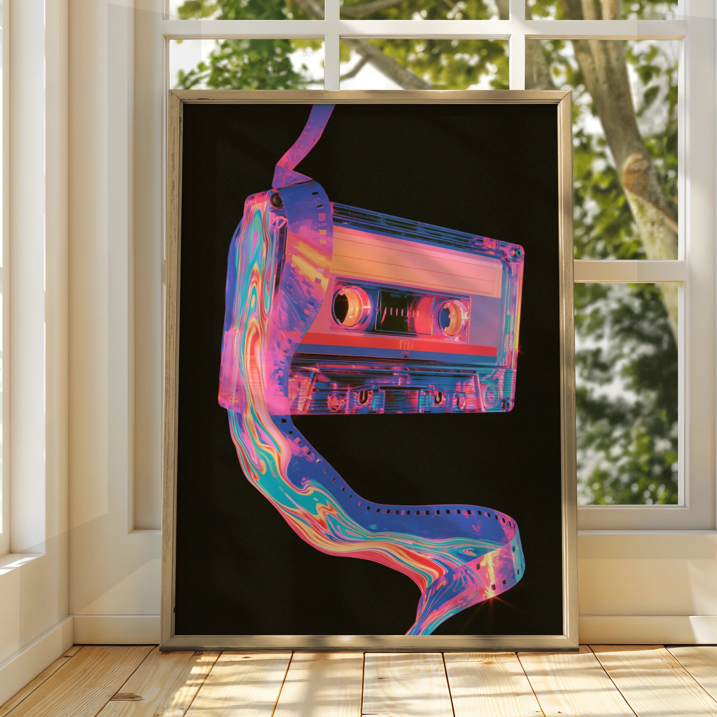 Retro Cassette Tape Poster, Neon 80s Wall Art, Synthwave Music Print