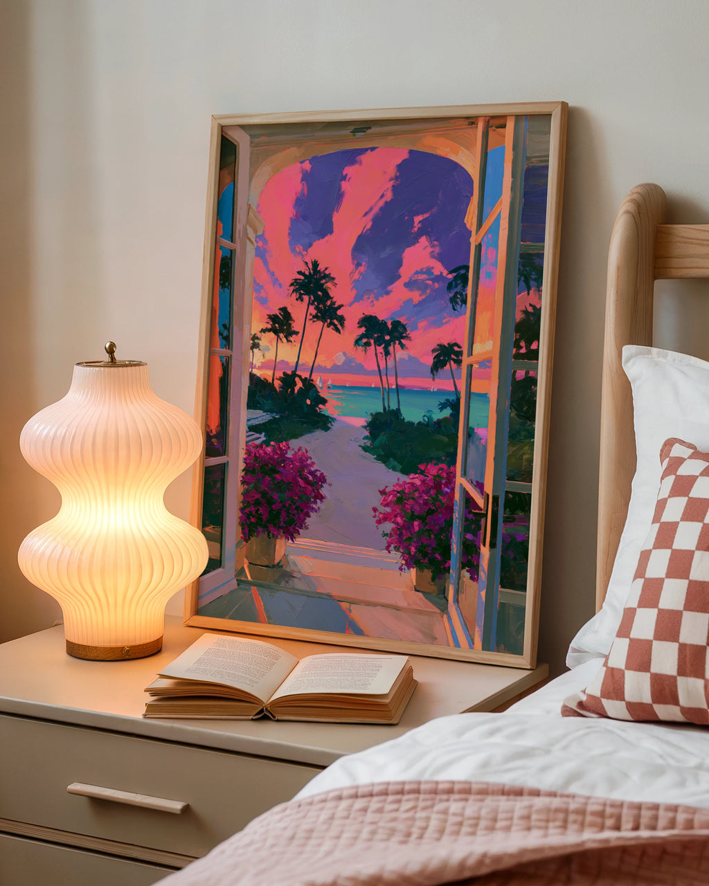 Sunset Beach View Through Arch Window, Tropical Palm Tree Poster, Vibrant Pink Sky Art