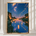 Lantern Festival Water Reflection Poster, Sky Lanterns Night Scene, Asian Art Print