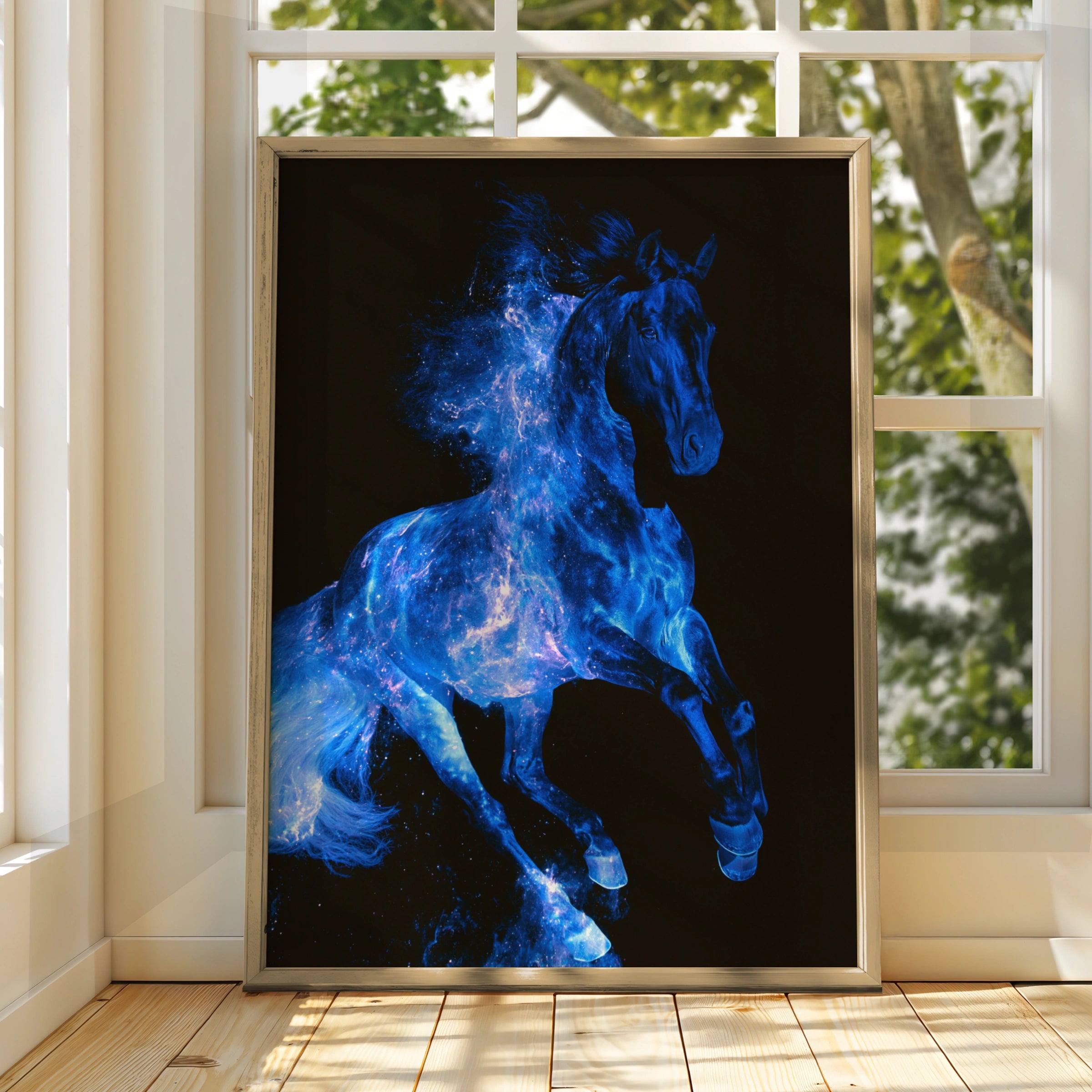 Blue Fire Horse Poster, Cosmic Stallion Wall Art, Dark Fantasy Print