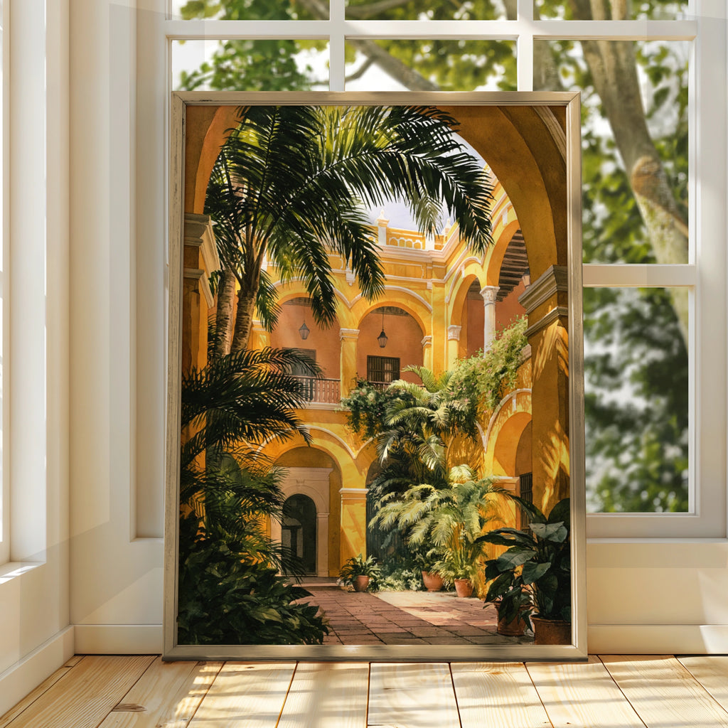 Spanish Courtyard Poster, Yellow Ethnic Architecture Print, Tropical Arches Wall Art
