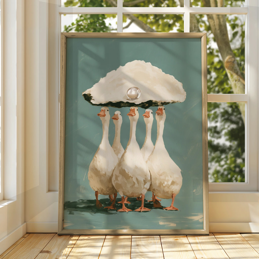 Ducks Carrying Pearl Oyster Shell Poster, Whimsical Animal Wall Art Print
