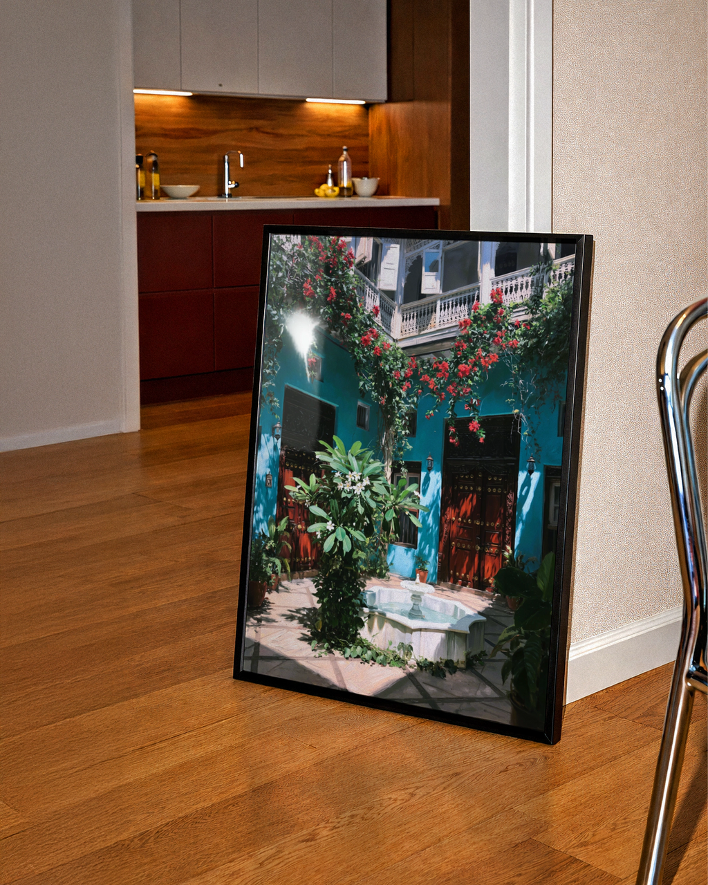 Zanzibar Courtyard Poster, Teal Riad Fountain Wall Art, Tropical Floral Print