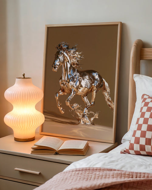 Chrome Horse Poster, Metallic Running Horse Wall Art, Modern Digital Print