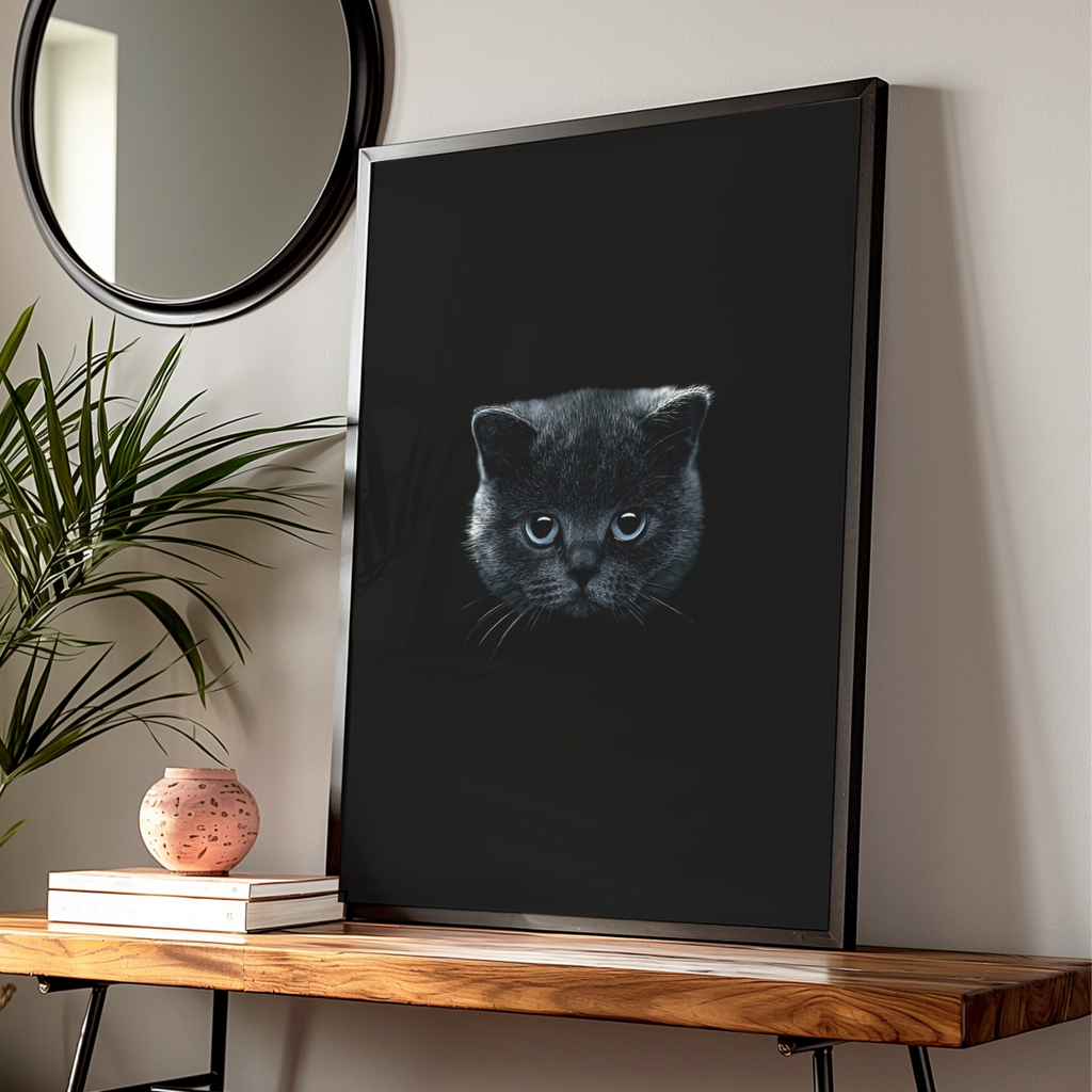 Black Kitten Blue Eyes Poster, Dark Moody Cat Wall Art Print