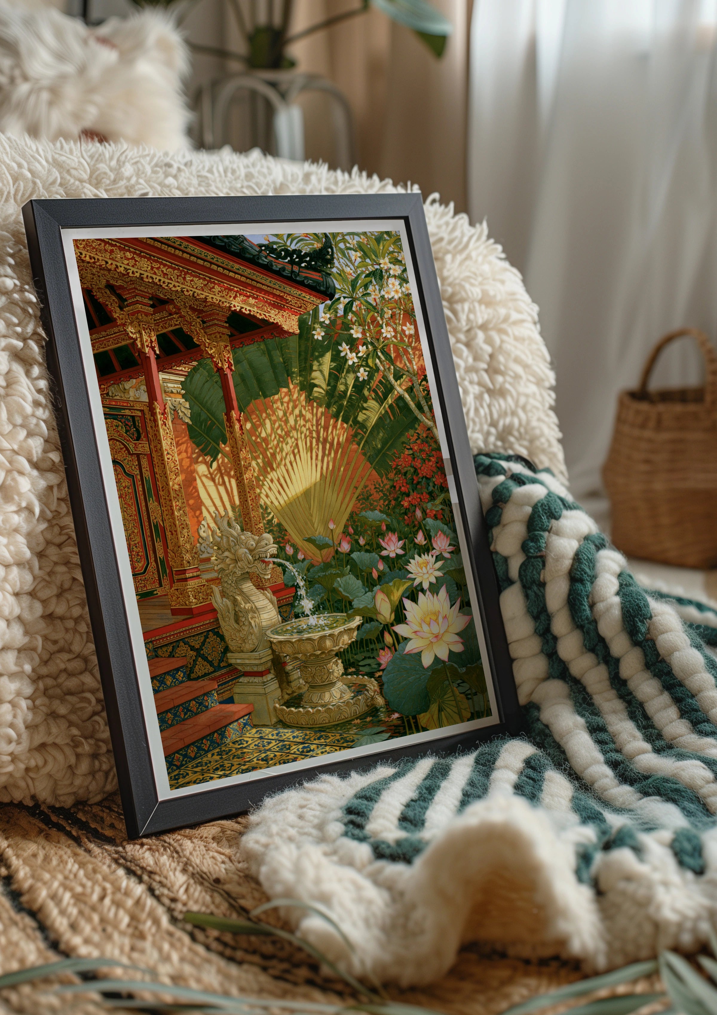 Balinese Temple Courtyard Poster, Garuda Fountain Lotus Garden, Tropical Wall Art