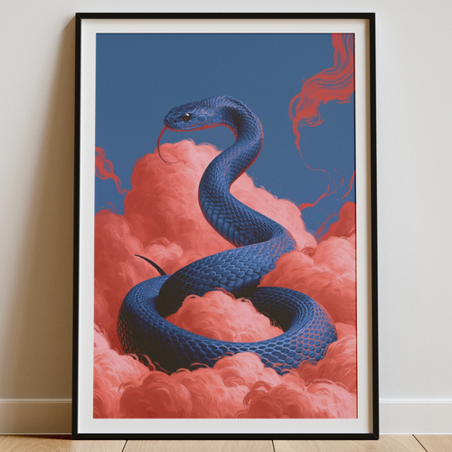 Blue Snake Pink Clouds Poster, Surreal Serpent Wall Art, Bold Colour Print