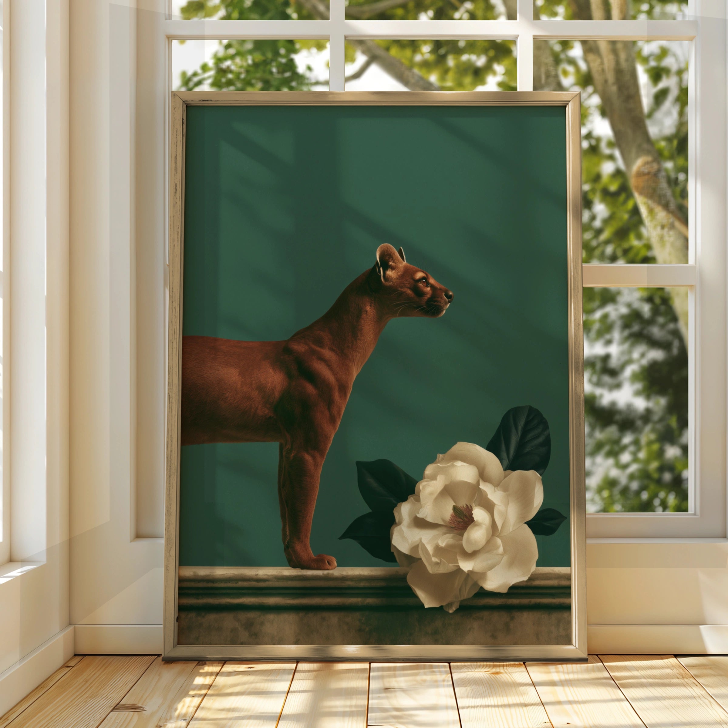 Fossa & Magnolia Poster, Dark Green Animal Wall Art, Botanical Print