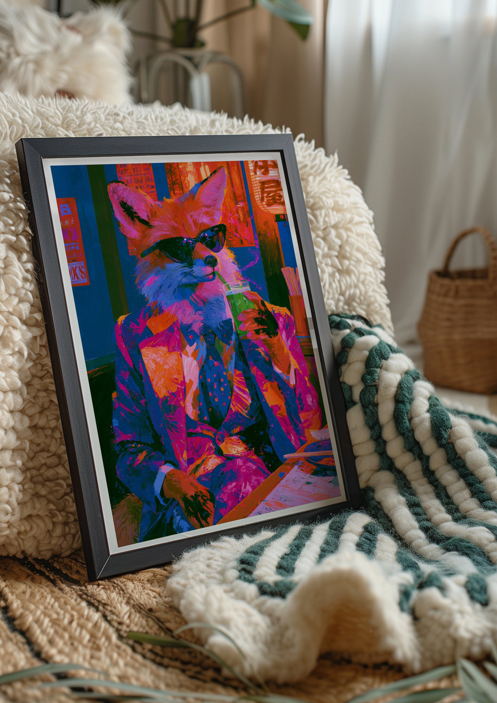 Cool Fox in Japanese Bar Poster, Neon Anthropomorphic Art Print, Bold Colours