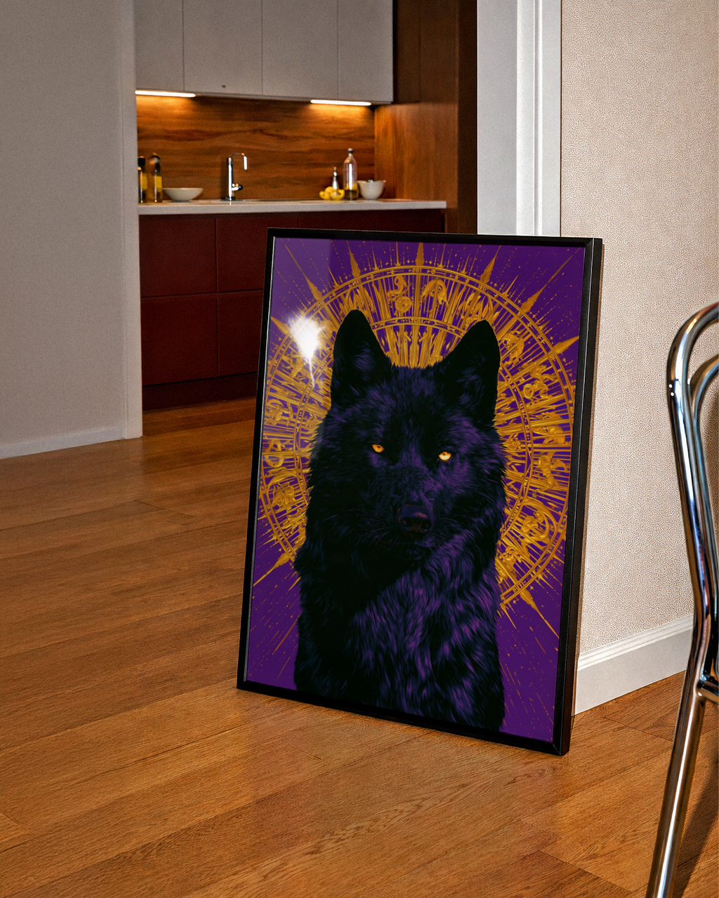 Black Wolf Black Sun Poster, Purple Gold Mystical Wall Art, Bold Animal Print