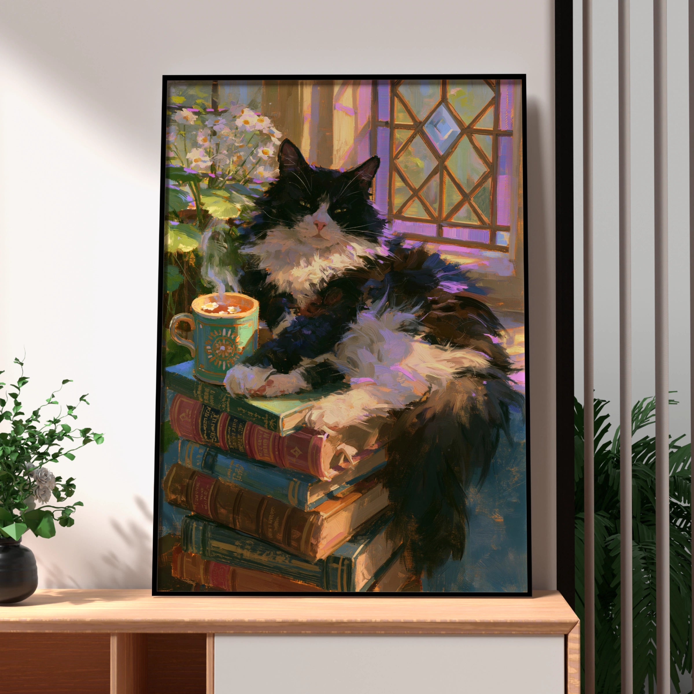 Sleepy Cat on Books Poster, Tuxedo Cat Wall Art, Cosy Reading Print