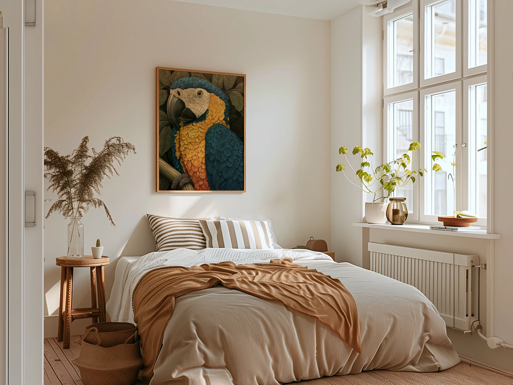 Blue Gold Macaw Parrot Print, Tropical Bird Poster, Detailed Botanical Art