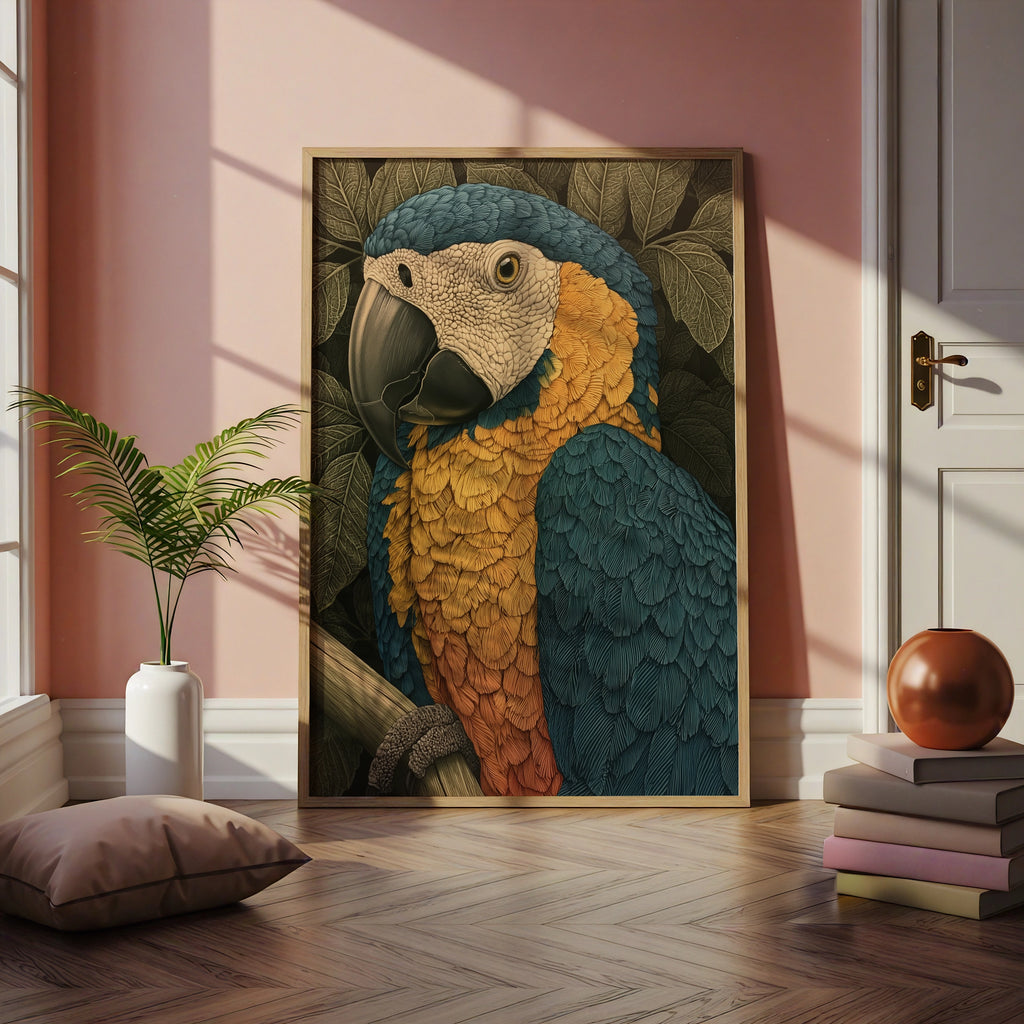 Blue Gold Macaw Parrot Print, Tropical Bird Poster, Detailed Botanical Art