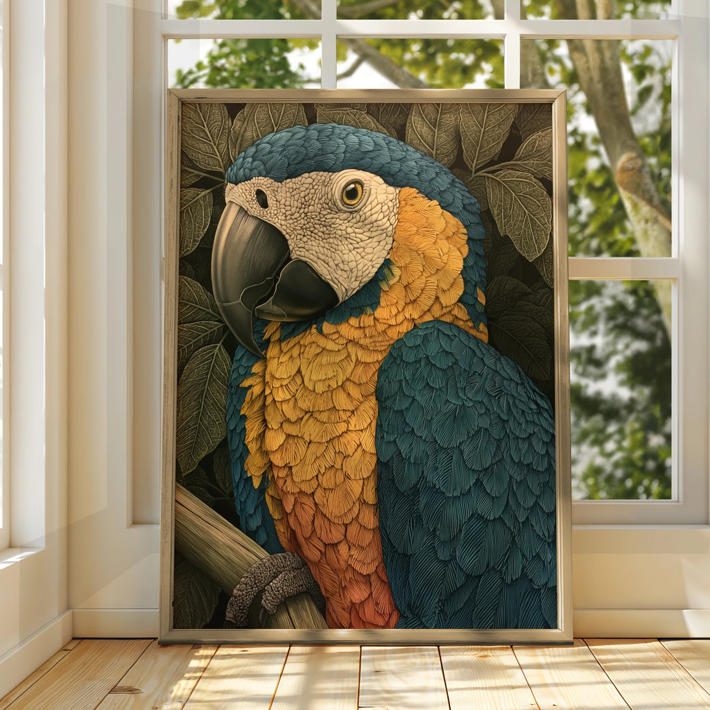 Blue Gold Macaw Parrot Print, Tropical Bird Poster, Detailed Botanical Art