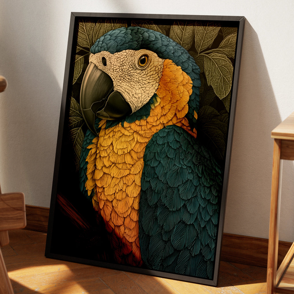 Blue Gold Macaw Parrot Print, Tropical Bird Poster, Detailed Botanical Art