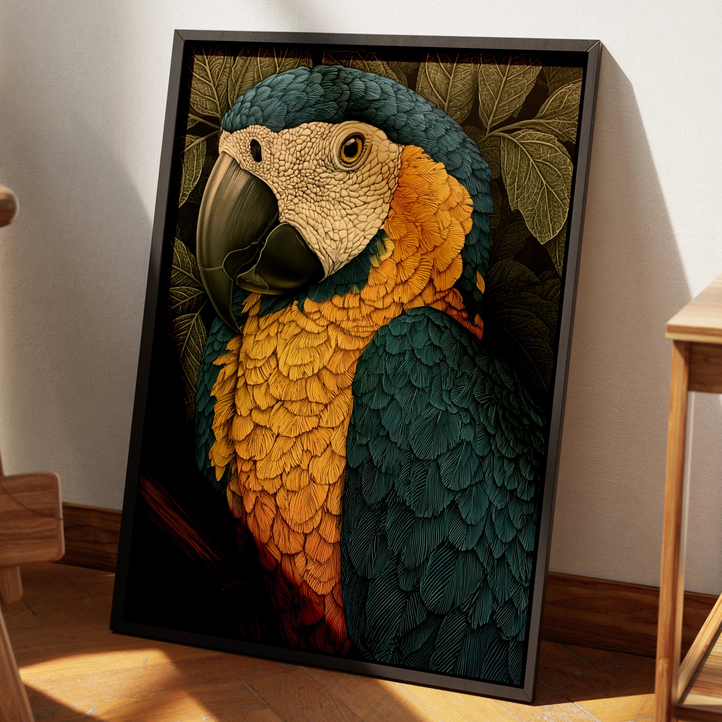 Blue Gold Macaw Parrot Print, Tropical Bird Poster, Detailed Botanical Art