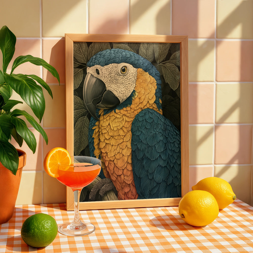 Blue Gold Macaw Parrot Print, Tropical Bird Poster, Detailed Botanical Art