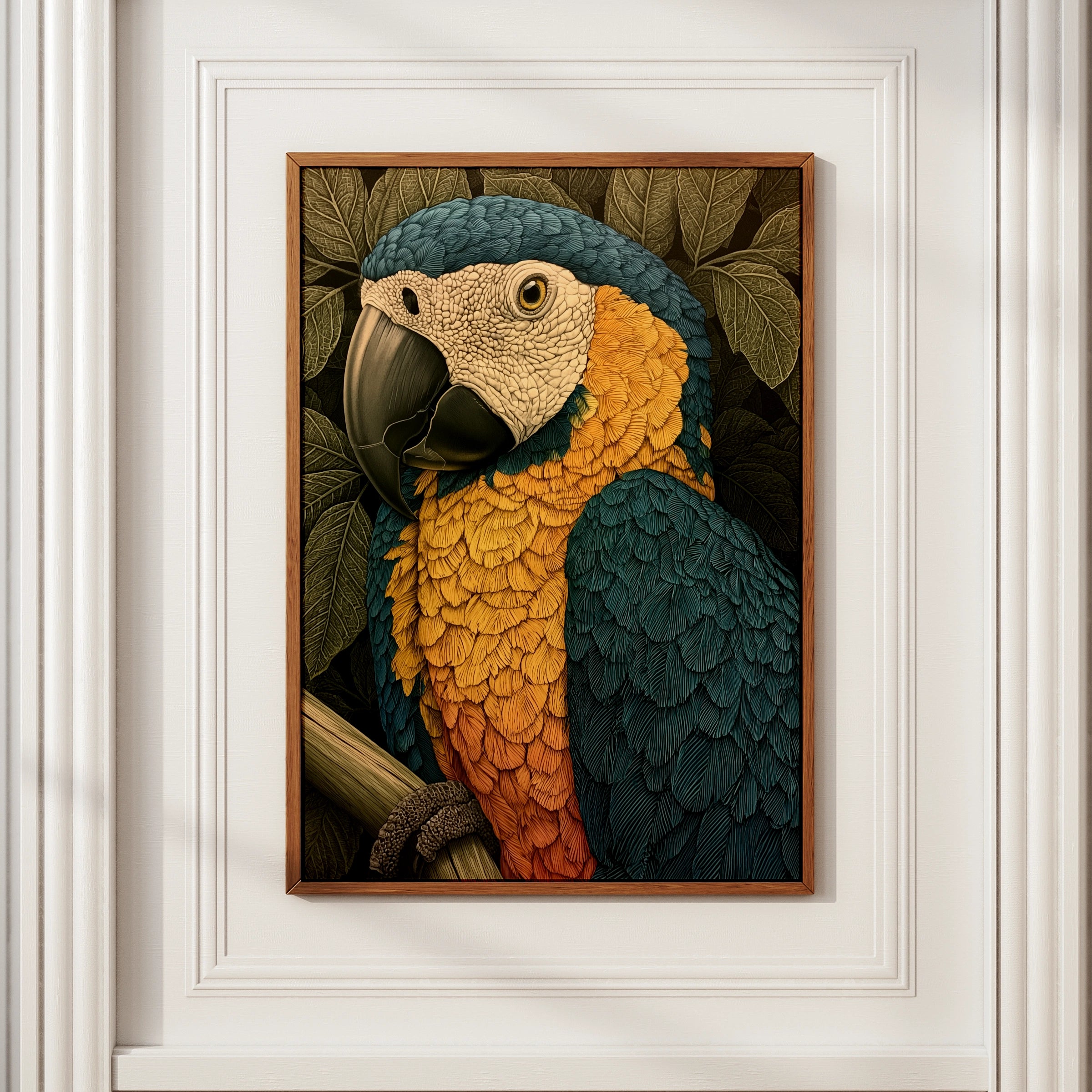 Blue Gold Macaw Parrot Print, Tropical Bird Poster, Detailed Botanical Art
