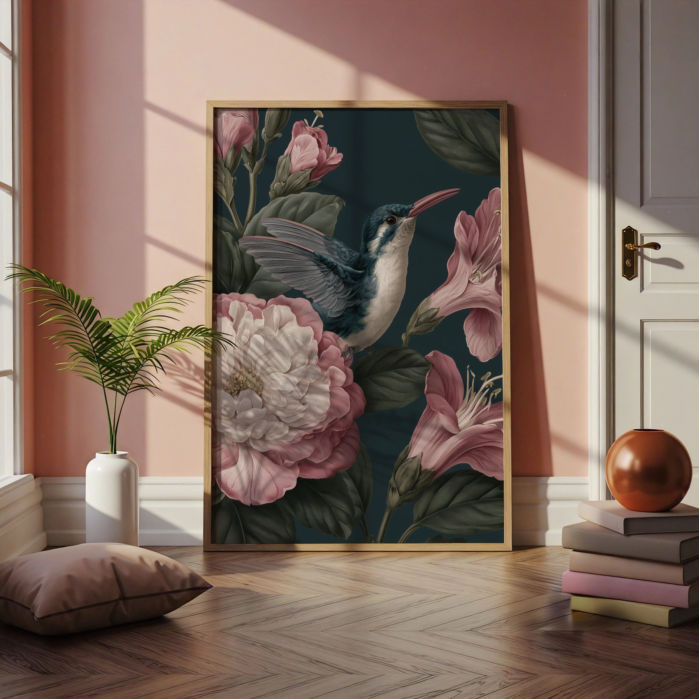 Hummingbird Botanical Print, Dark Floral Wall Art, Vintage Style Poster