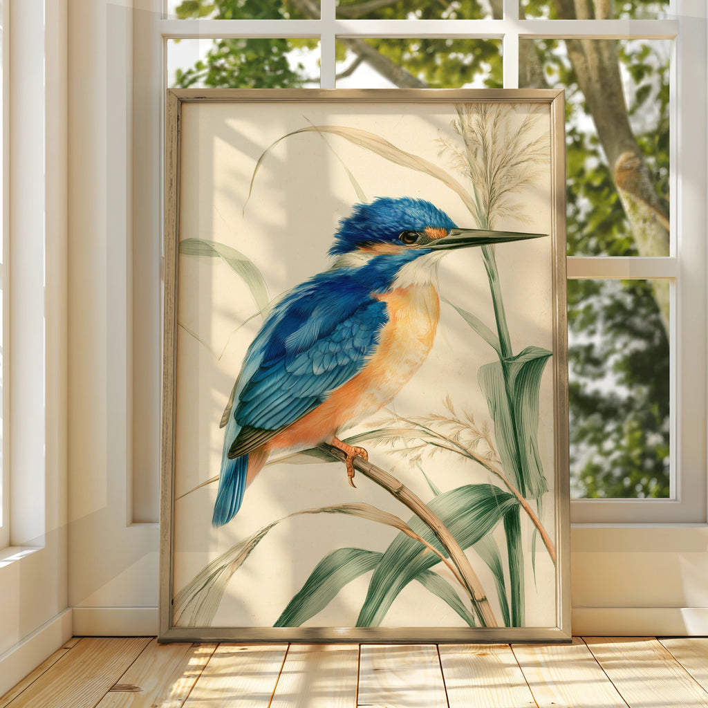 Kingfisher Bird Print, Botanical Illustration Poster, Vintage Nature Wall Art