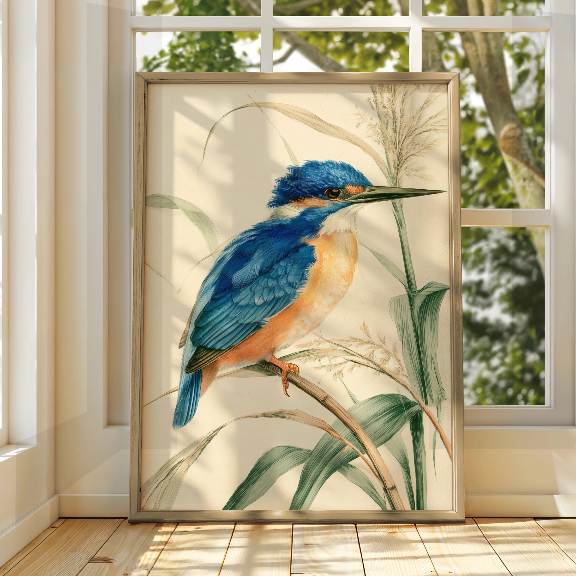 Kingfisher Bird Print, Botanical Illustration Poster, Vintage Nature Wall Art