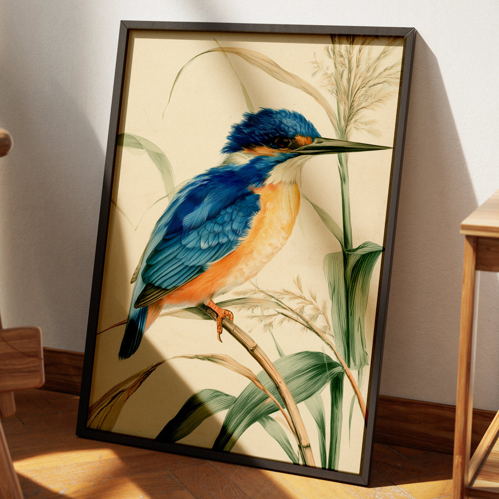 Kingfisher Bird Print, Botanical Illustration Poster, Vintage Nature Wall Art