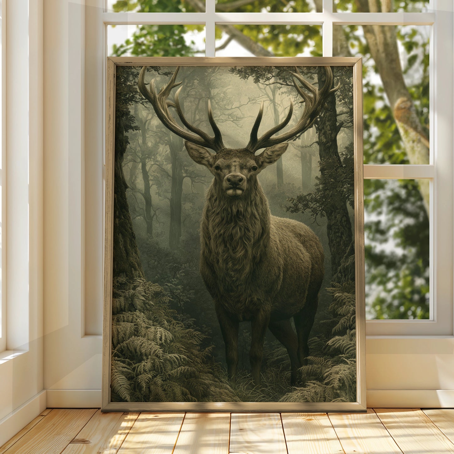 Stag in Misty Forest Print, Woodland Deer Poster, Dark Green Nature Wall Art
