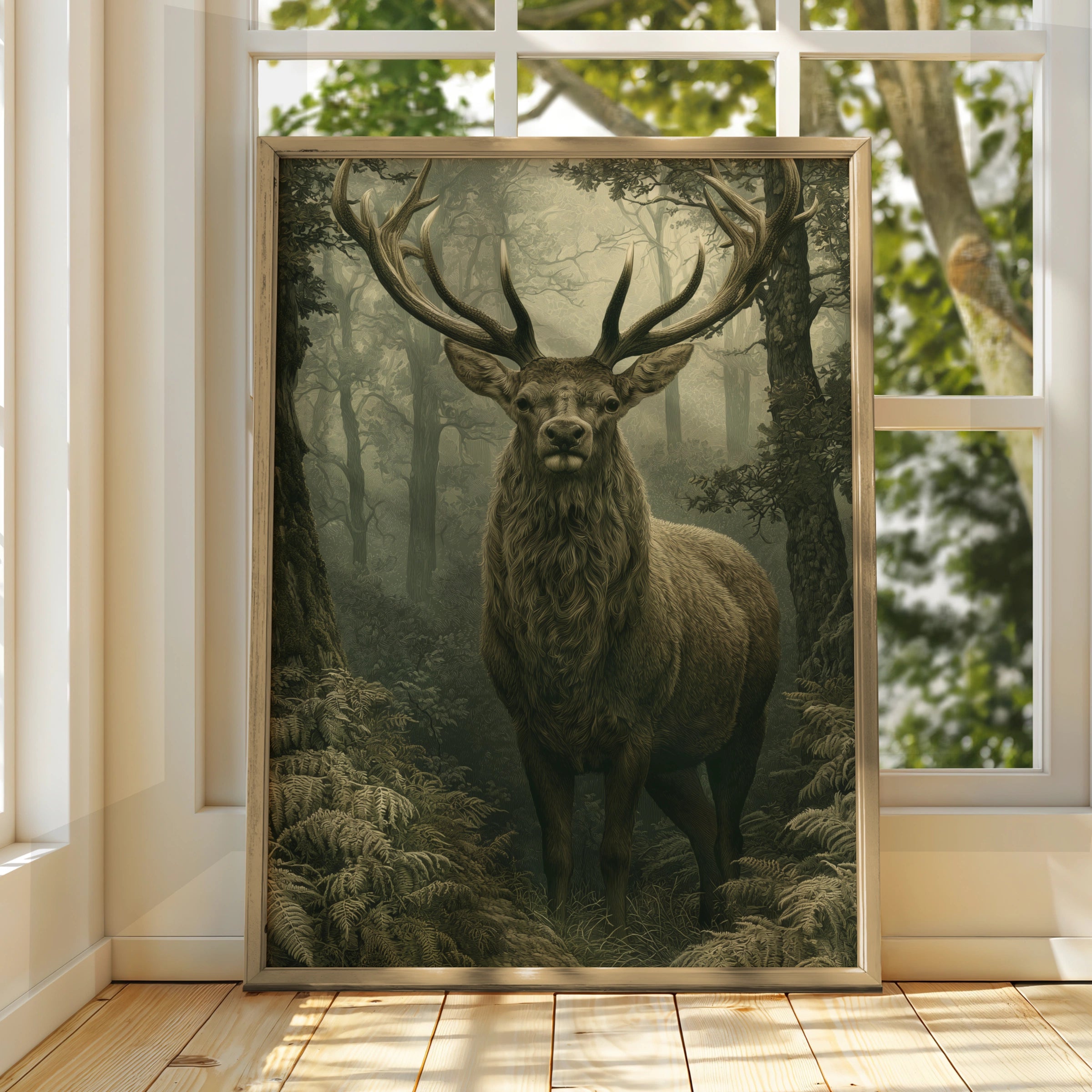 Stag in Misty Forest Print, Woodland Deer Poster, Dark Green Nature Wall Art