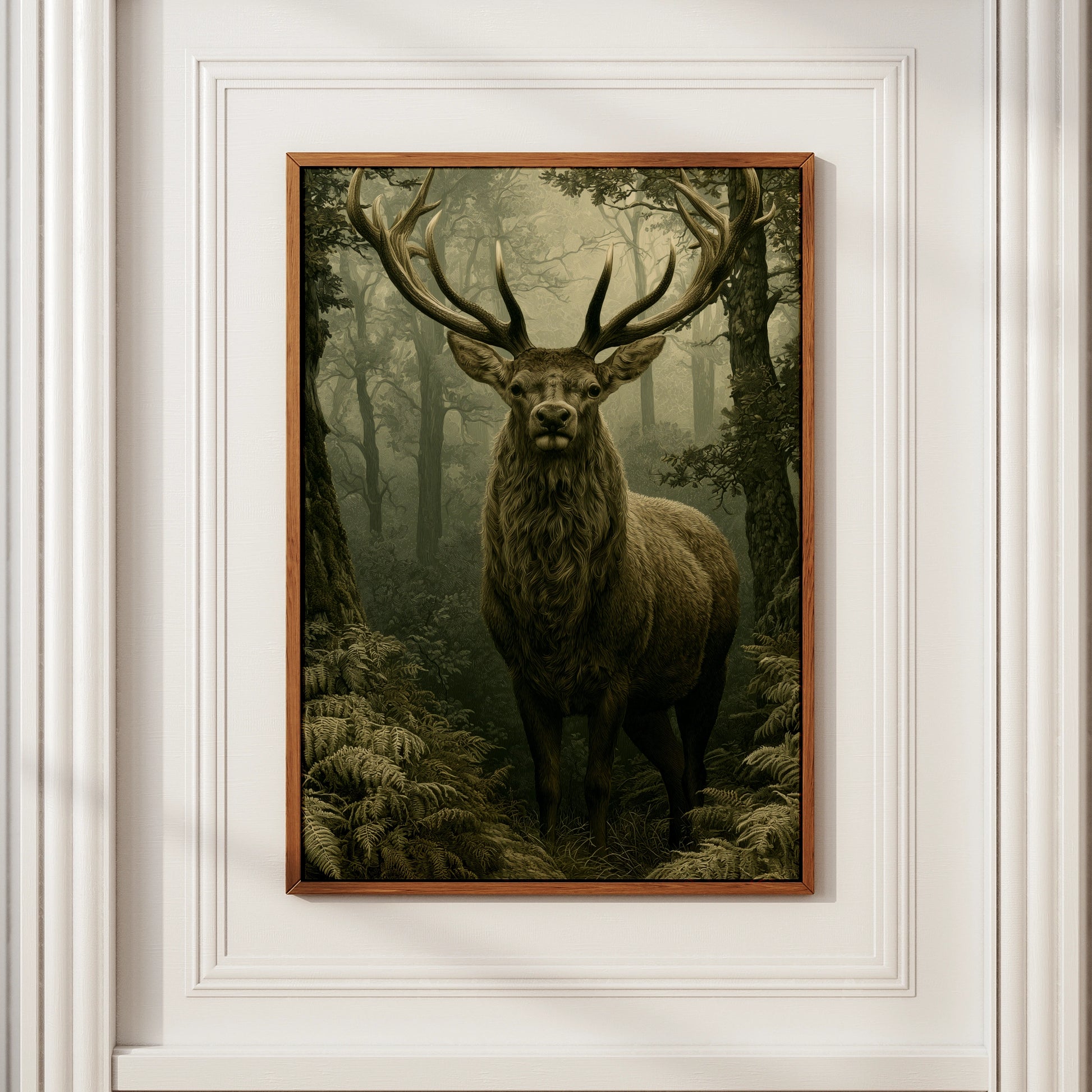Stag in Misty Forest Print, Woodland Deer Poster, Dark Green Nature Wall Art