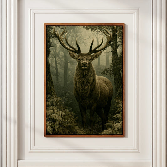 Stag in Misty Forest Print, Woodland Deer Poster, Dark Green Nature Wall Art